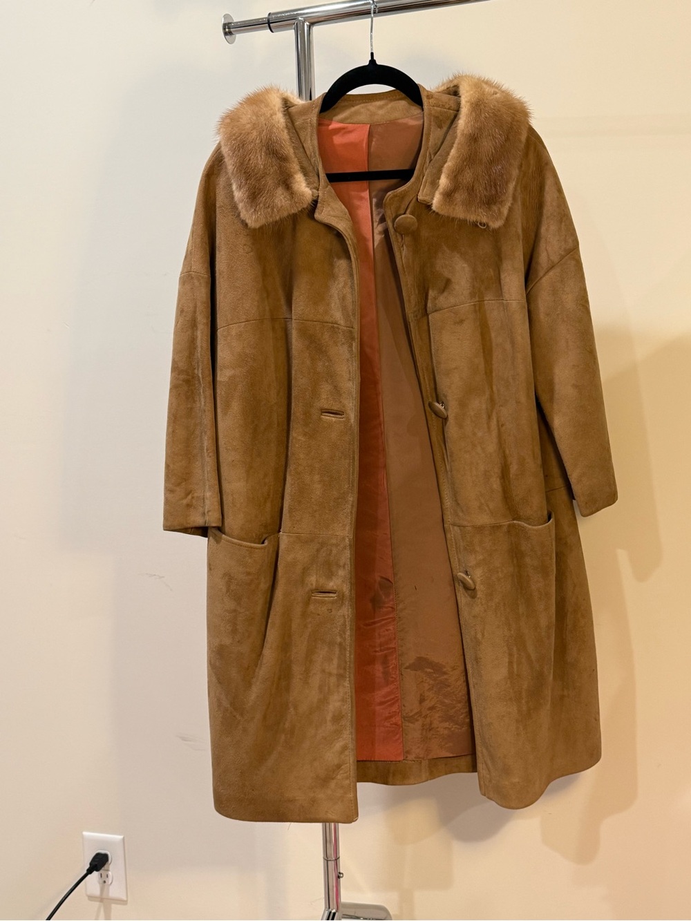Vintage Brown Suede Leather Coat with Fur Collar
